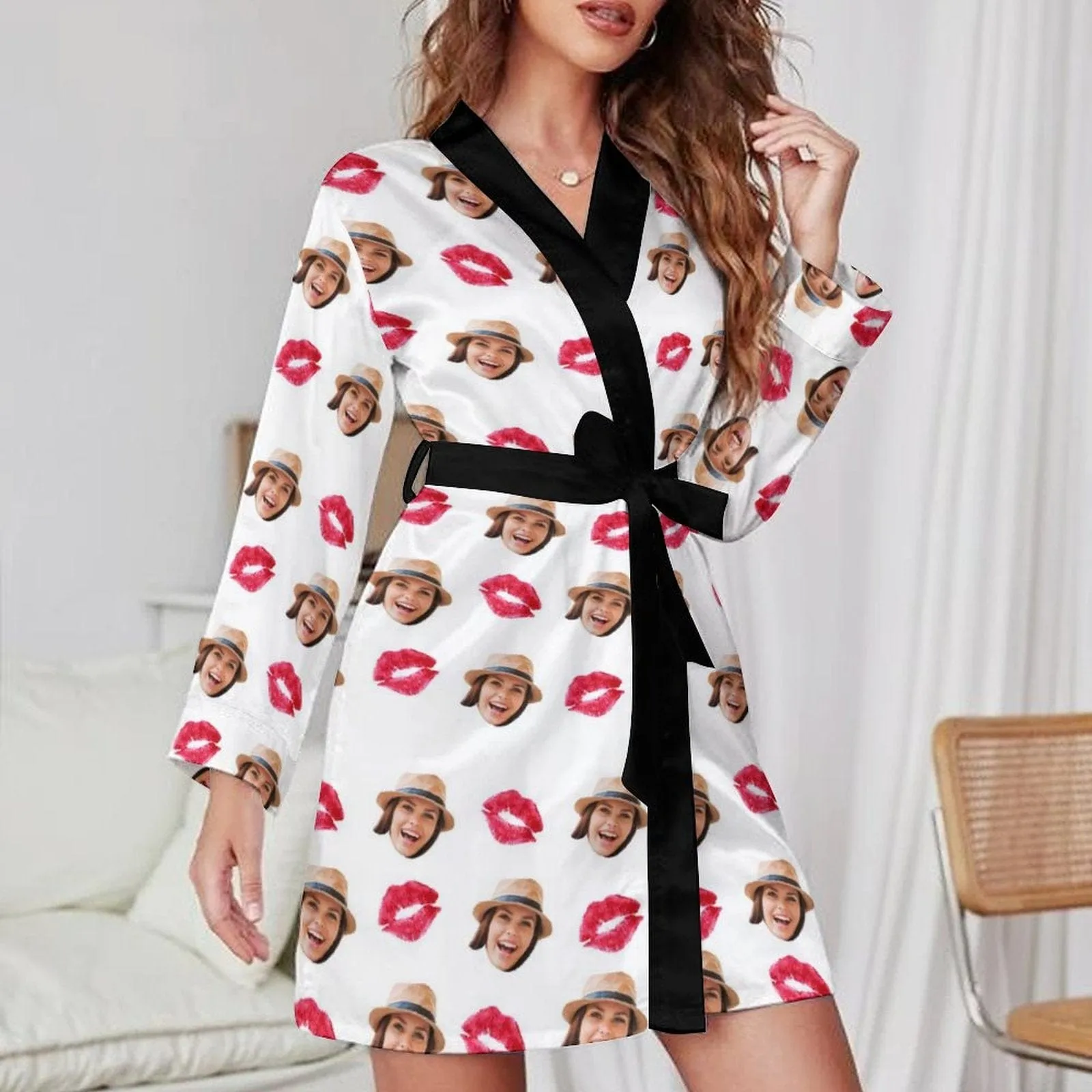 2 Pcs Face Print Pajamas-Custom Face Red Lips Sleepwear Personalized Women's Bath Robe &Women's Nightgown