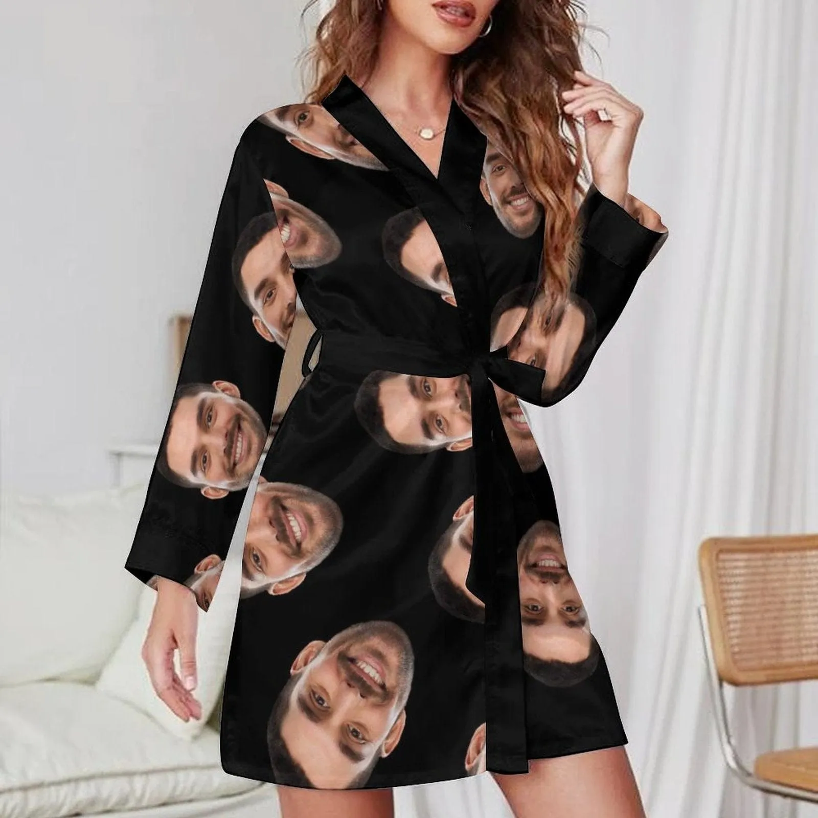 2 Pcs Face Print Pajamas-Custom Husband's Face Sleepwear Personalized Women's Bath Robe &Women's Nightgown