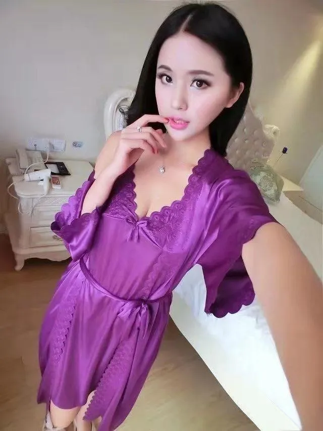 2 Pcs Satin Short Night Dress & Full Sleeves Robe - Purple