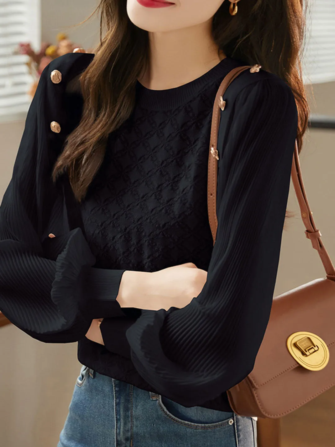 Alyssa Elegant Balloon Sleeve Knitted Blouse-Black