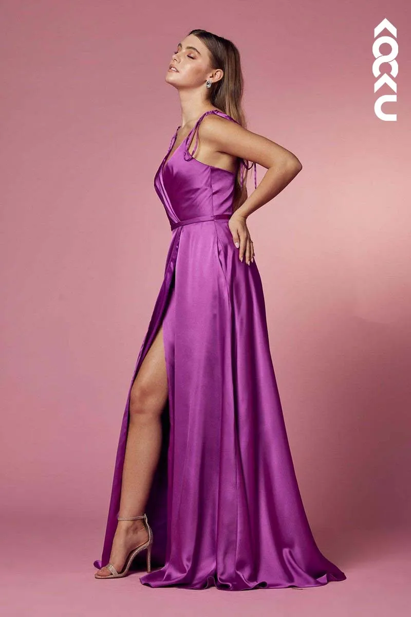 B4020 - V-Neck Spaghetti Straps Satin A-Line Long Bridesmaid Dress