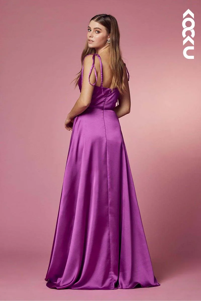 B4020 - V-Neck Spaghetti Straps Satin A-Line Long Bridesmaid Dress