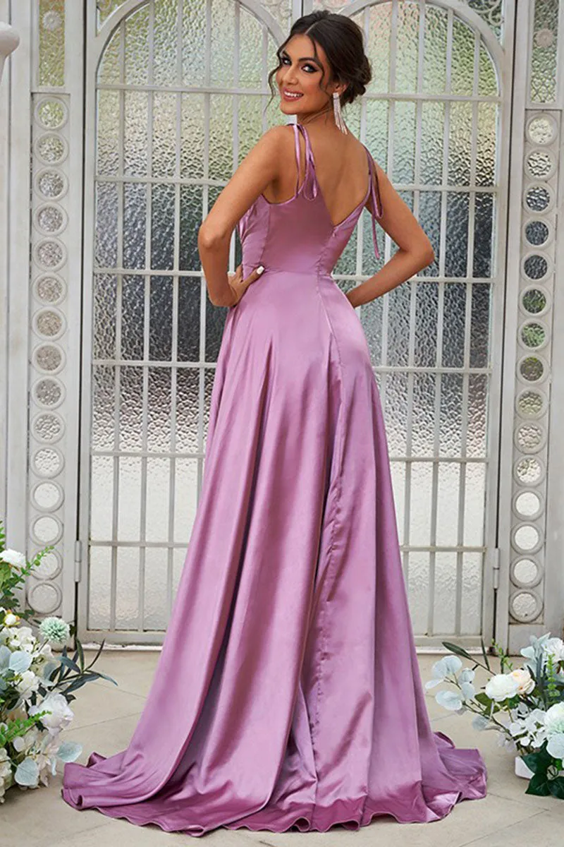 B4074 - V-Neck Spaghetti Straps Ruched Satin A-Line Long Bridesmaid Dress