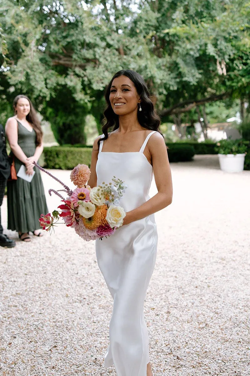 B4308 - Simple White Square Neck Sleeveless Satin Sheath Midi Bridesmaid Dress