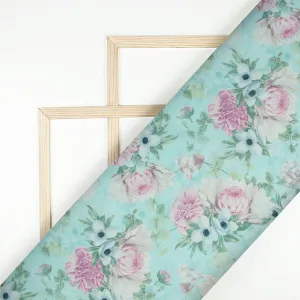 Baby Blue And Pearl Pink Floral Pattern Digital Print Poly Cambric Fabric