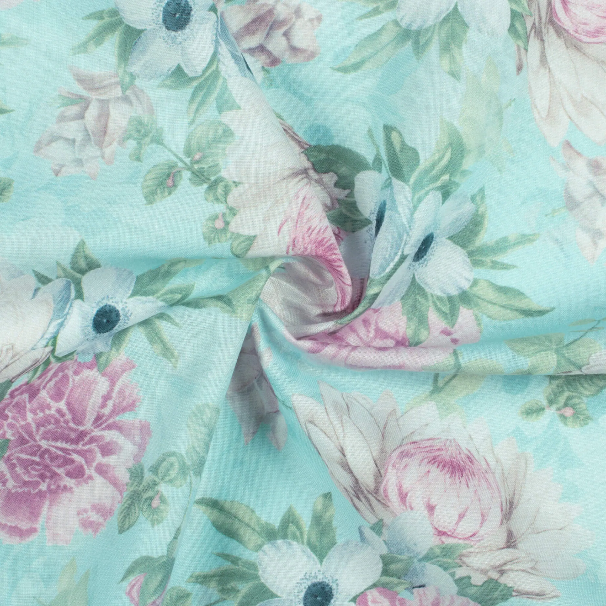 Baby Blue And Pearl Pink Floral Pattern Digital Print Poly Cambric Fabric