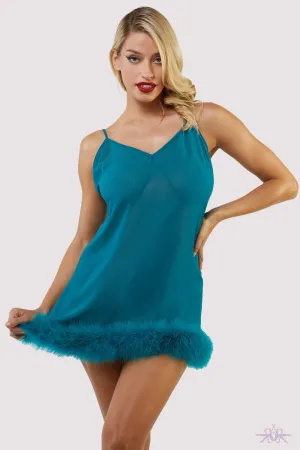 Bettie Page Feather Trim Teal Babydoll