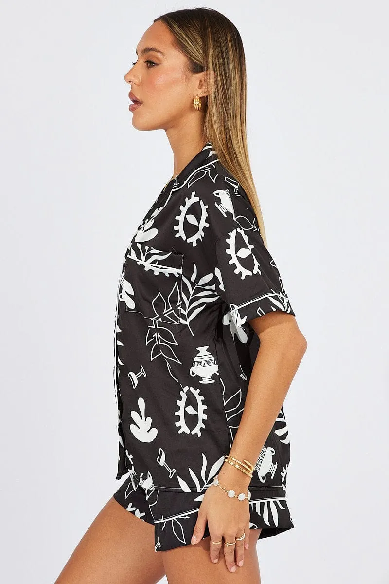 Black Abstract Pyjama Set Minimal Abstract Print PJ