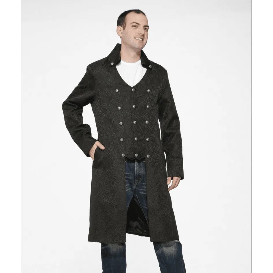 Black Brocade Men's Long Collared Coat