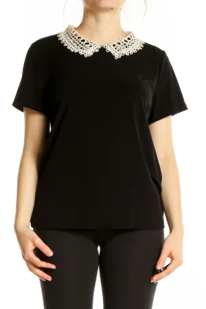 Black Elegant Short-Sleeve Top with Lace Collar