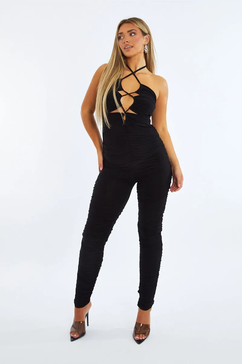 Black Ruched Lace Up Front Jumpsuit - Lena