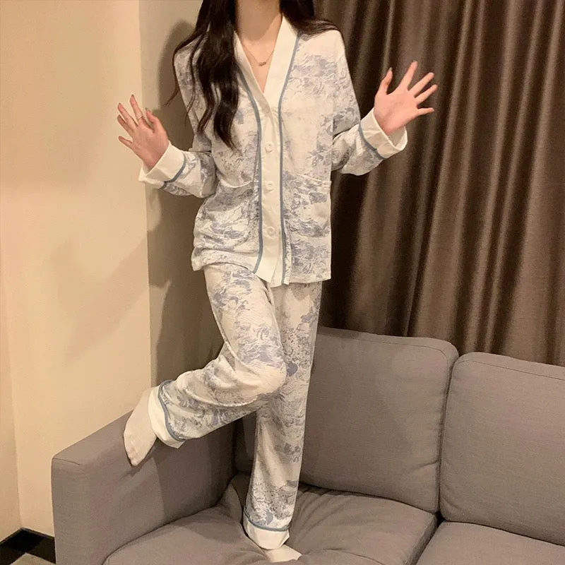 Blue Cotton Cardigan Pajamas