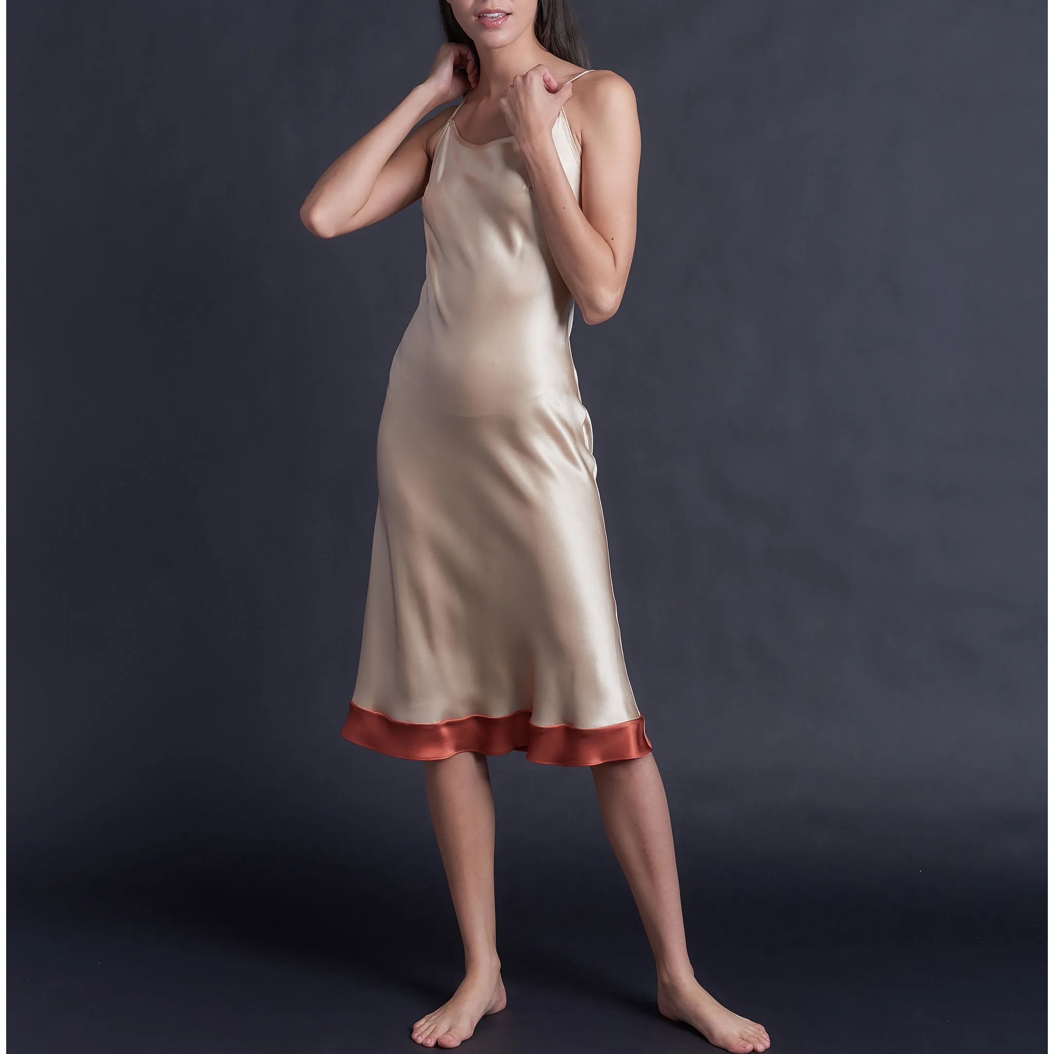 Celeste Tea Length Slip Dress in Color Block Cinnabar Silk Charmeuse