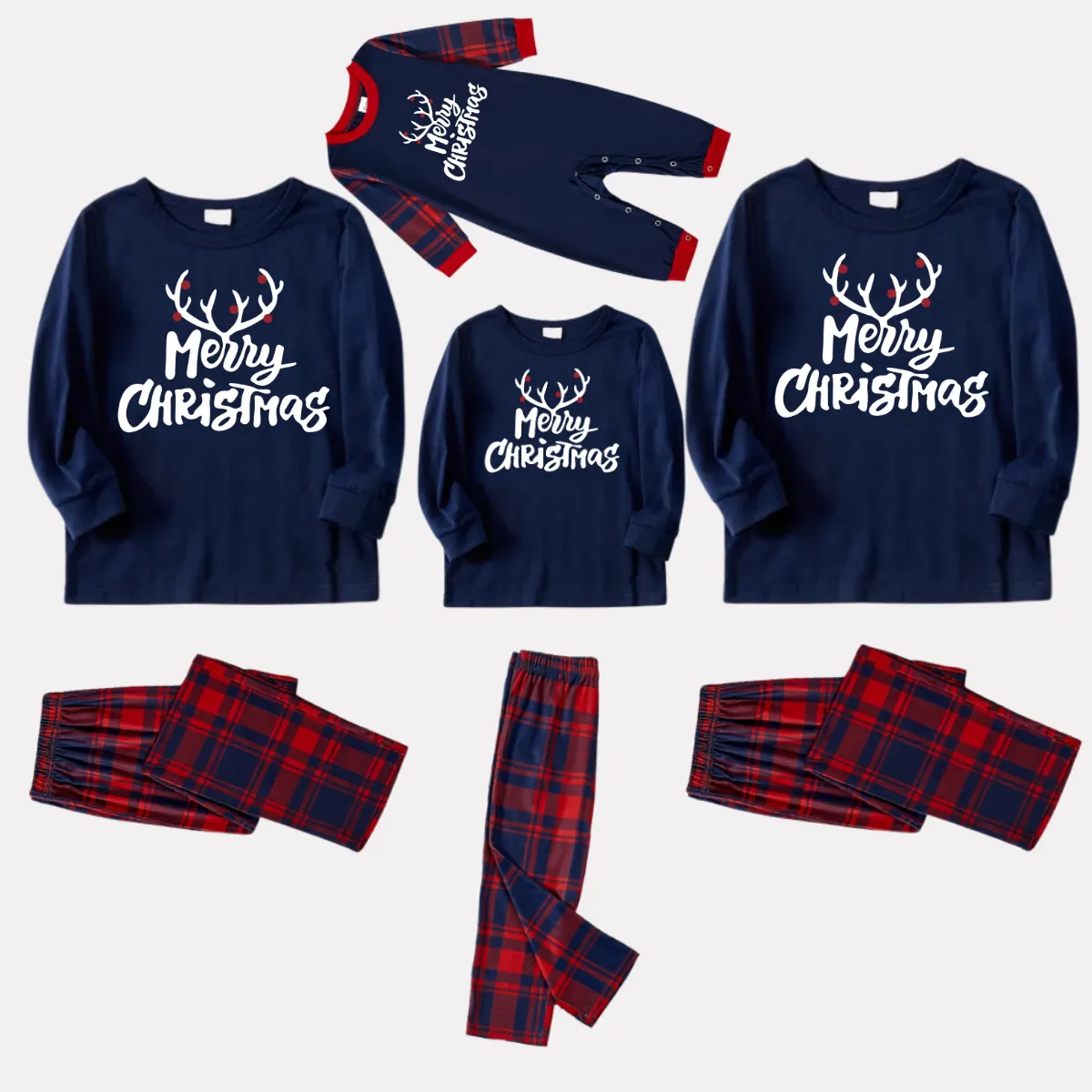 Christmas Antlers and Merry Christmas Print Blue Long Sleeve Top with Red & Blue Plaid Family Matching Pajamas