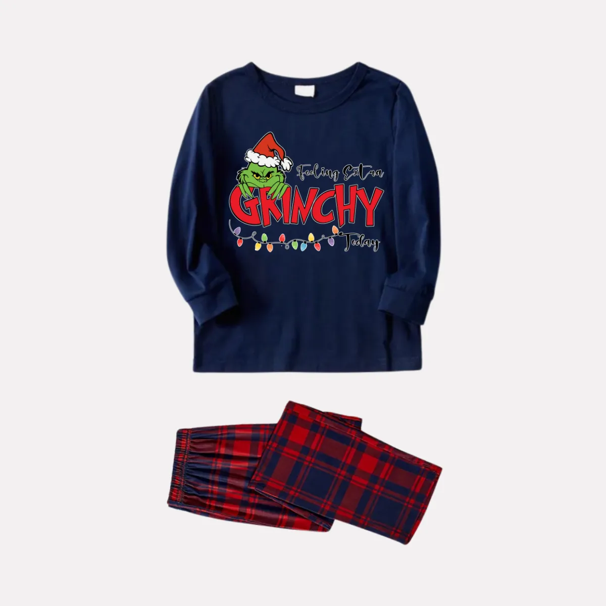 Christmas Cartoon Pattern and Light Print Blue Long Sleeve Top with Red & Blue Plaid Family Matching Pajamas