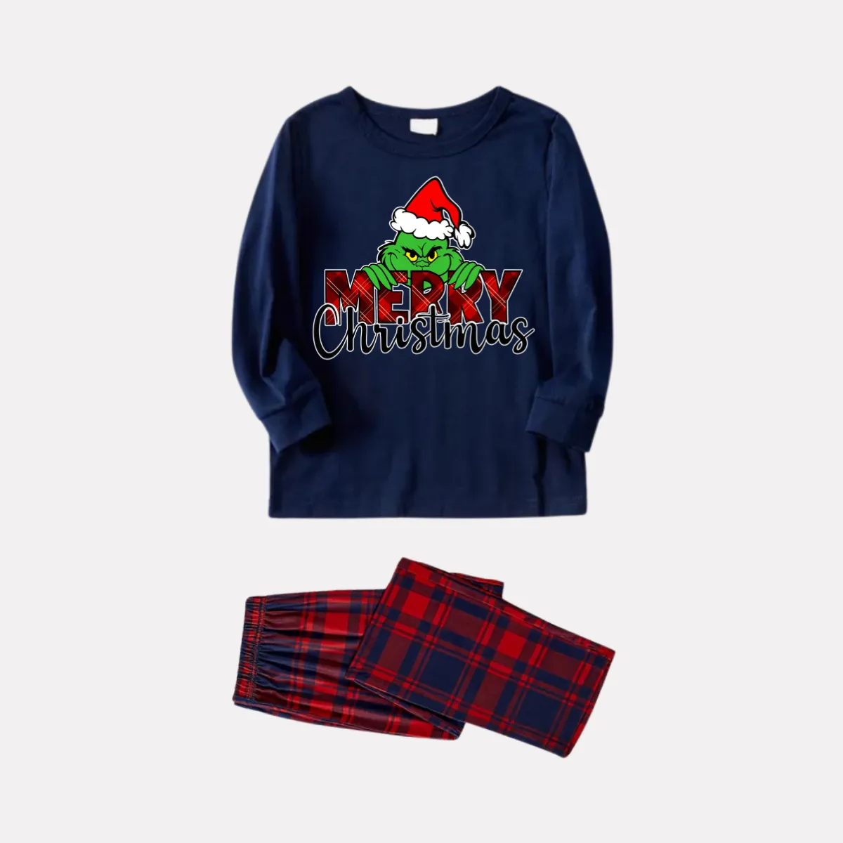 Christmas Catroon Pattern and Text Print Blue Long Sleeve Top with Red & Blue Plaid Christmas Family Matching Pajamas