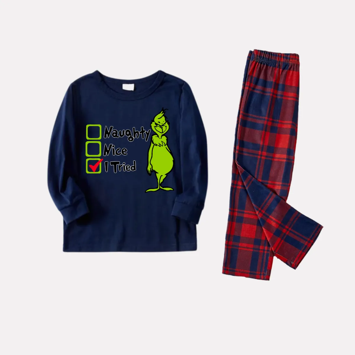 Christmas Matching Cartoon Pattern and Text Print Blue Long Sleeve Top with Red & Blue Plaid Family Matching Pajamas