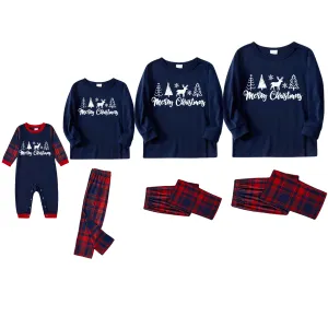 Christmas Tree and Elk and Text Print Blue Long Sleeve Top with Red & Blue Plaid Christmas Family Matching Pajamas