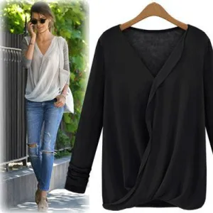 Clearance Chiffon Patchwork Ruches V-neck Long Sleeves Fashion Blouse