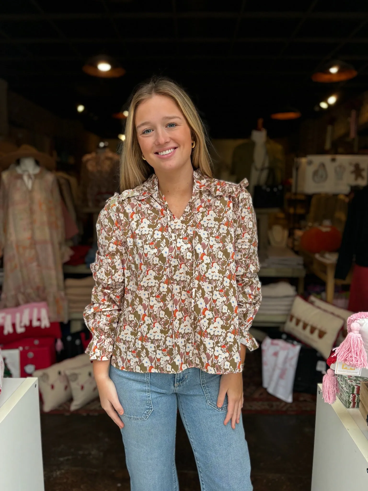 Cream & Olive Ruffle Blouse