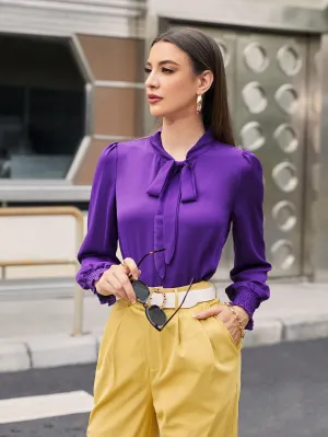 Elegant Plain Tie Front Long Sleeve Tie Neck Regular Blouse