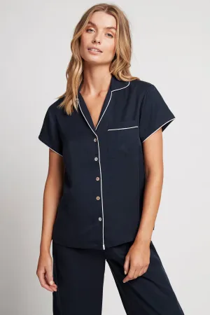 Eva Short Sleeve with Long Pant Tencel™ Pyjama Set - Navy with White Piping