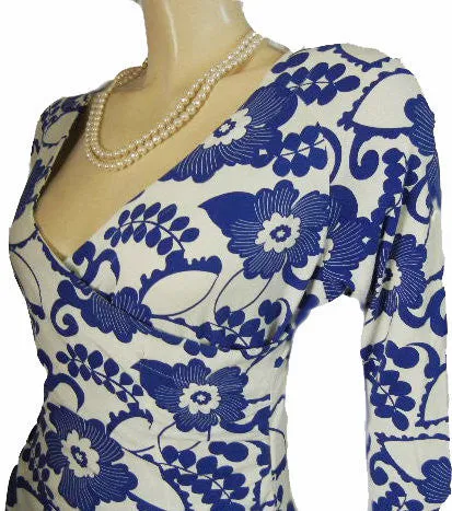 FABULOUS SUMMER  SOFT SURROUNDINGS ROYAL BLUE & WHITE SURPLICE SPANDEX CURVE HUGGING DRESS