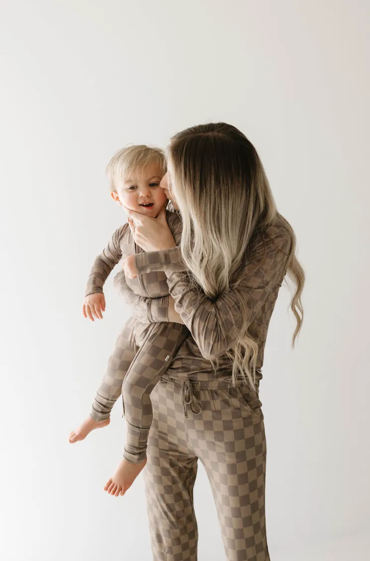 Faded Brown Checkerboard  | Bamboo Zip Pajamas