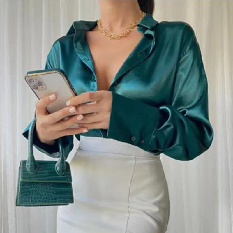 FashionSierra - Elegant Satin Long Sleeve Blouses