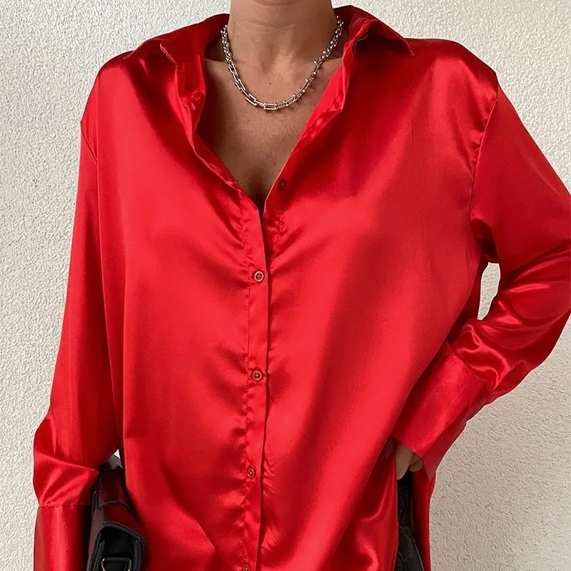 FashionSierra - Elegant Satin Long Sleeve Blouses