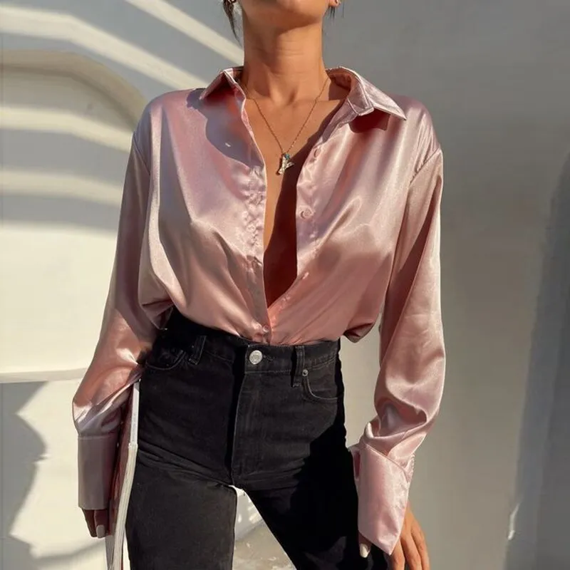 FashionSierra - Elegant Satin Long Sleeve Blouses