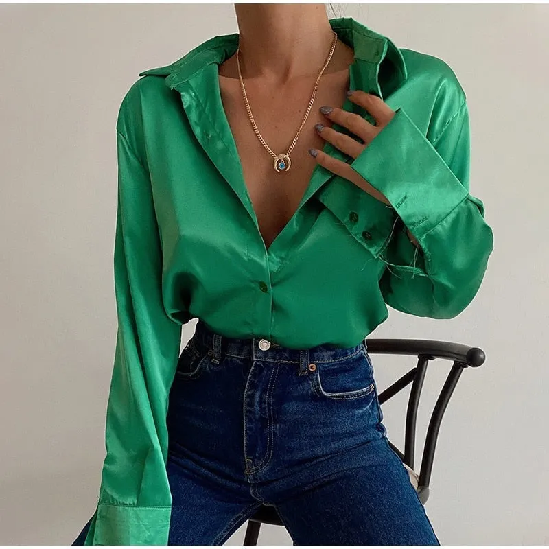 FashionSierra - Elegant Satin Long Sleeve Blouses