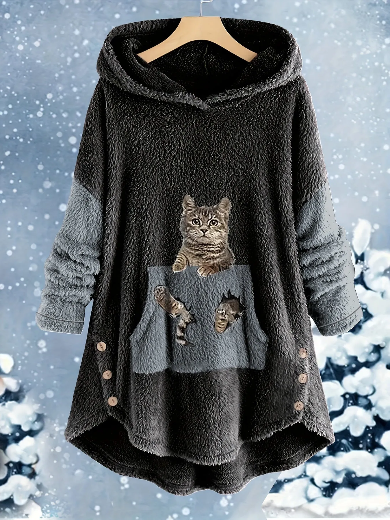 Feline Fashion Plus Size Cat Print Two-Piece Set - Fleece Long Sleeve Hoodie with Button Decor & Matching Pants Ensemble for Casual Comfort