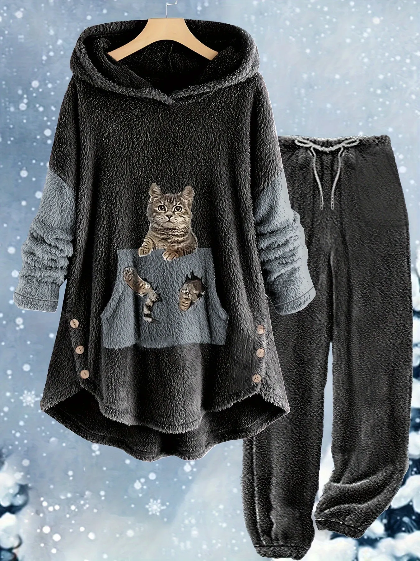 Feline Fashion Plus Size Cat Print Two-Piece Set - Fleece Long Sleeve Hoodie with Button Decor & Matching Pants Ensemble for Casual Comfort