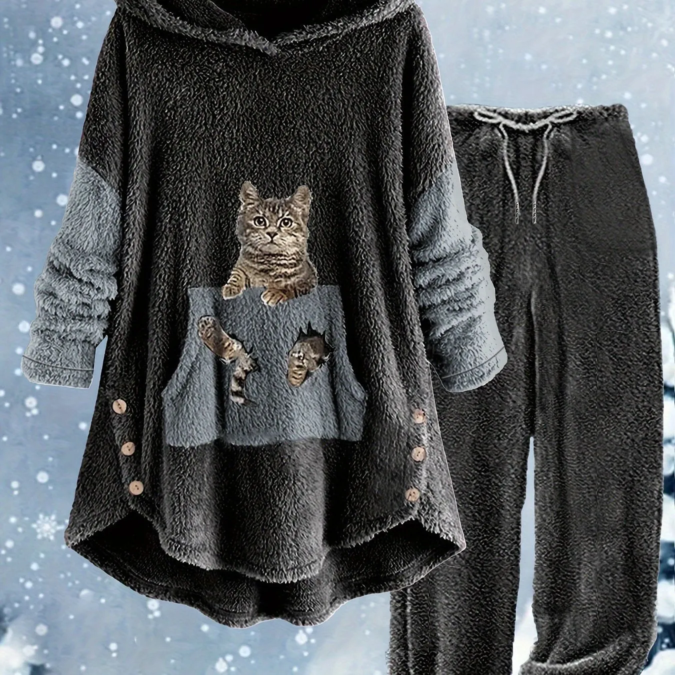 Feline Fashion Plus Size Cat Print Two-Piece Set - Fleece Long Sleeve Hoodie with Button Decor & Matching Pants Ensemble for Casual Comfort