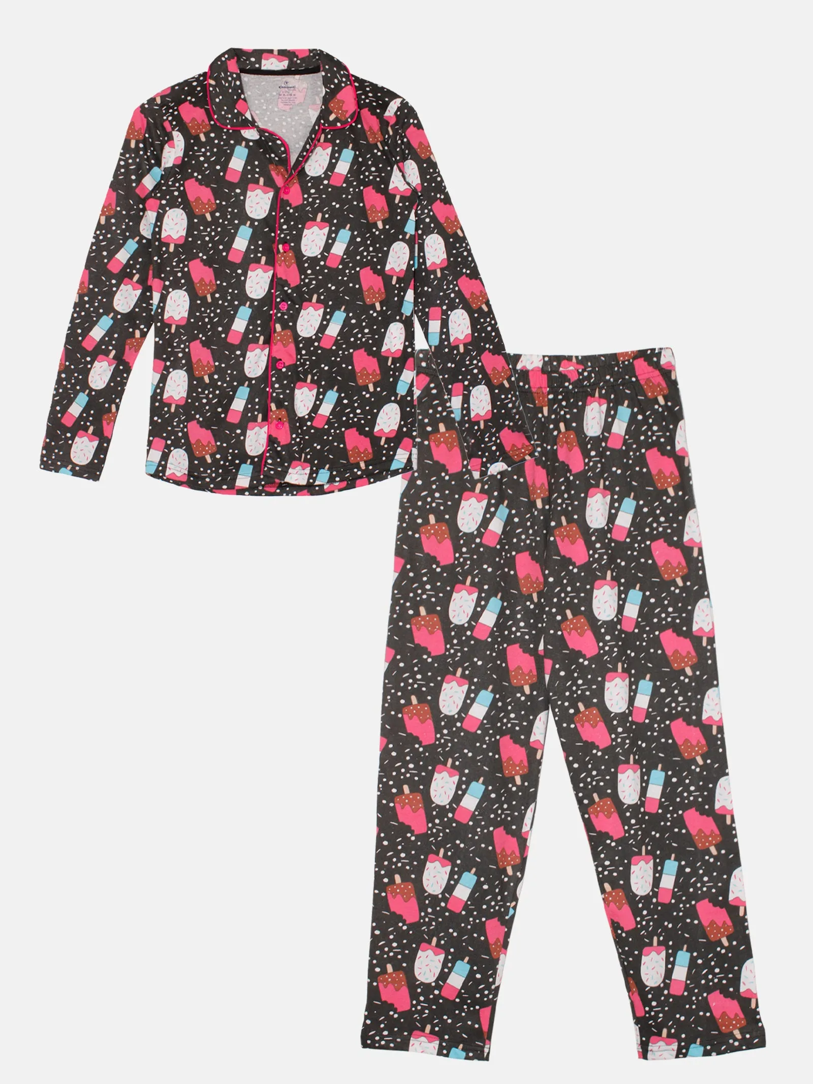 Girls Cotton All Over Printed Front Open Shirt With Pajama Night Set