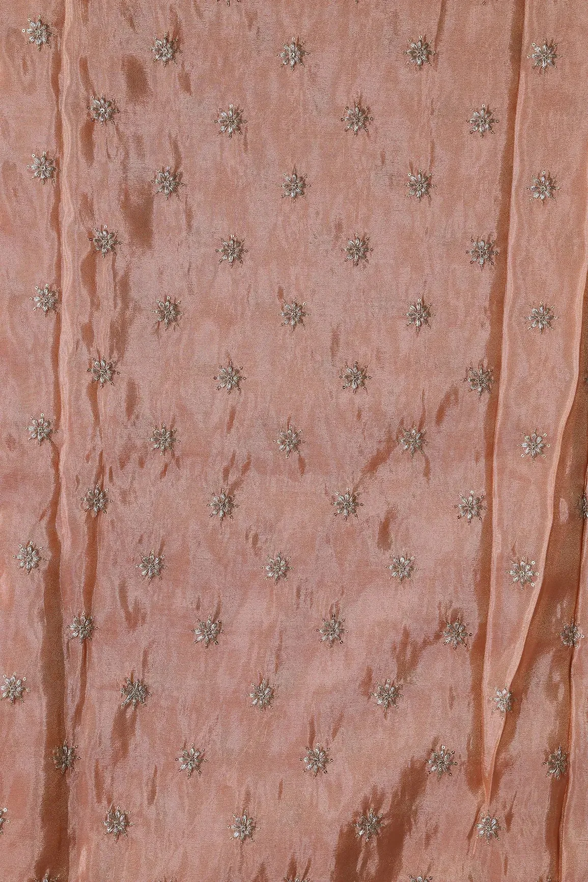 Gold Zari With Sequins Small Floral Booti Embroidery Work On Peach Pure Viscose Zari Tissue Fabric