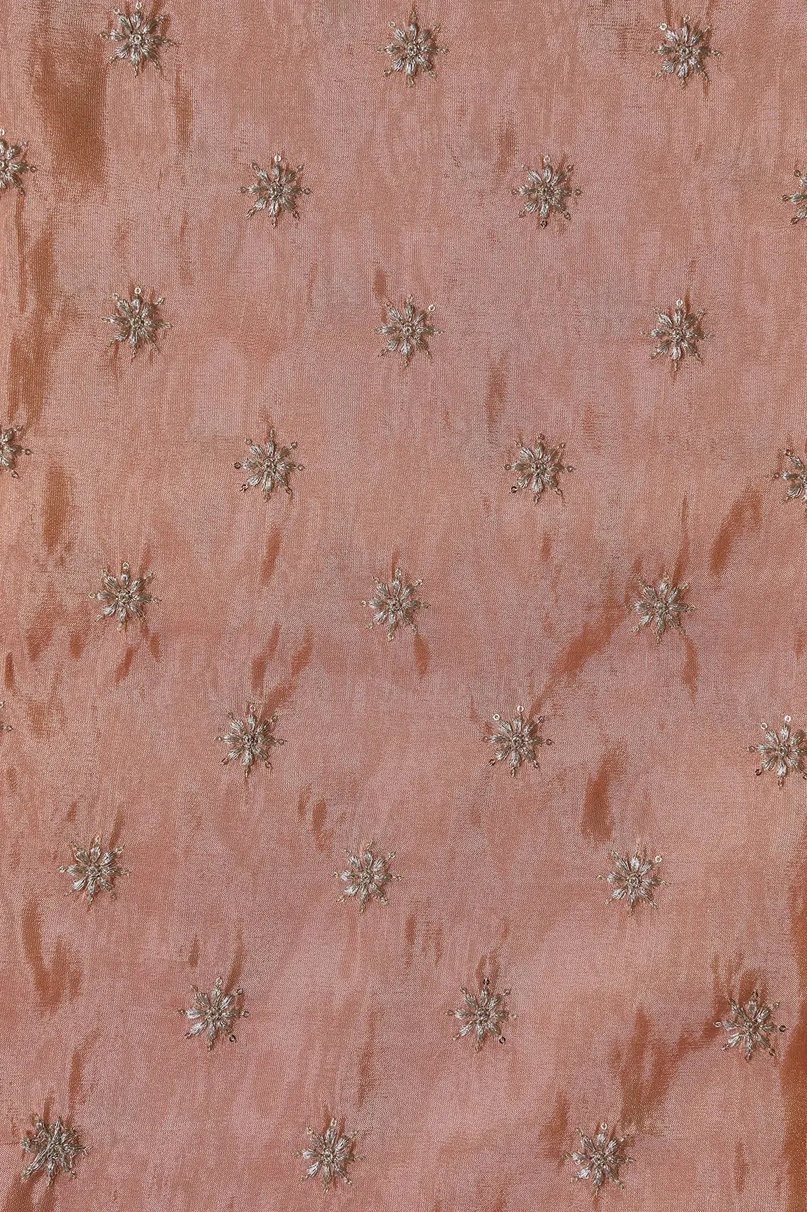 Gold Zari With Sequins Small Floral Booti Embroidery Work On Peach Pure Viscose Zari Tissue Fabric