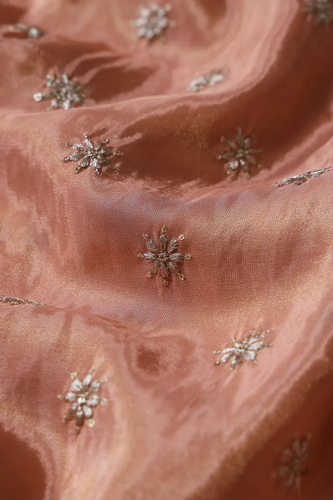 Gold Zari With Sequins Small Floral Booti Embroidery Work On Peach Pure Viscose Zari Tissue Fabric