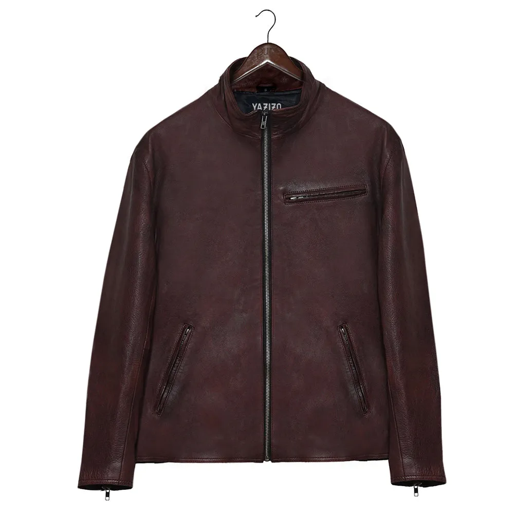 High Collar Slim Fit Mens Brown Leather Jacket