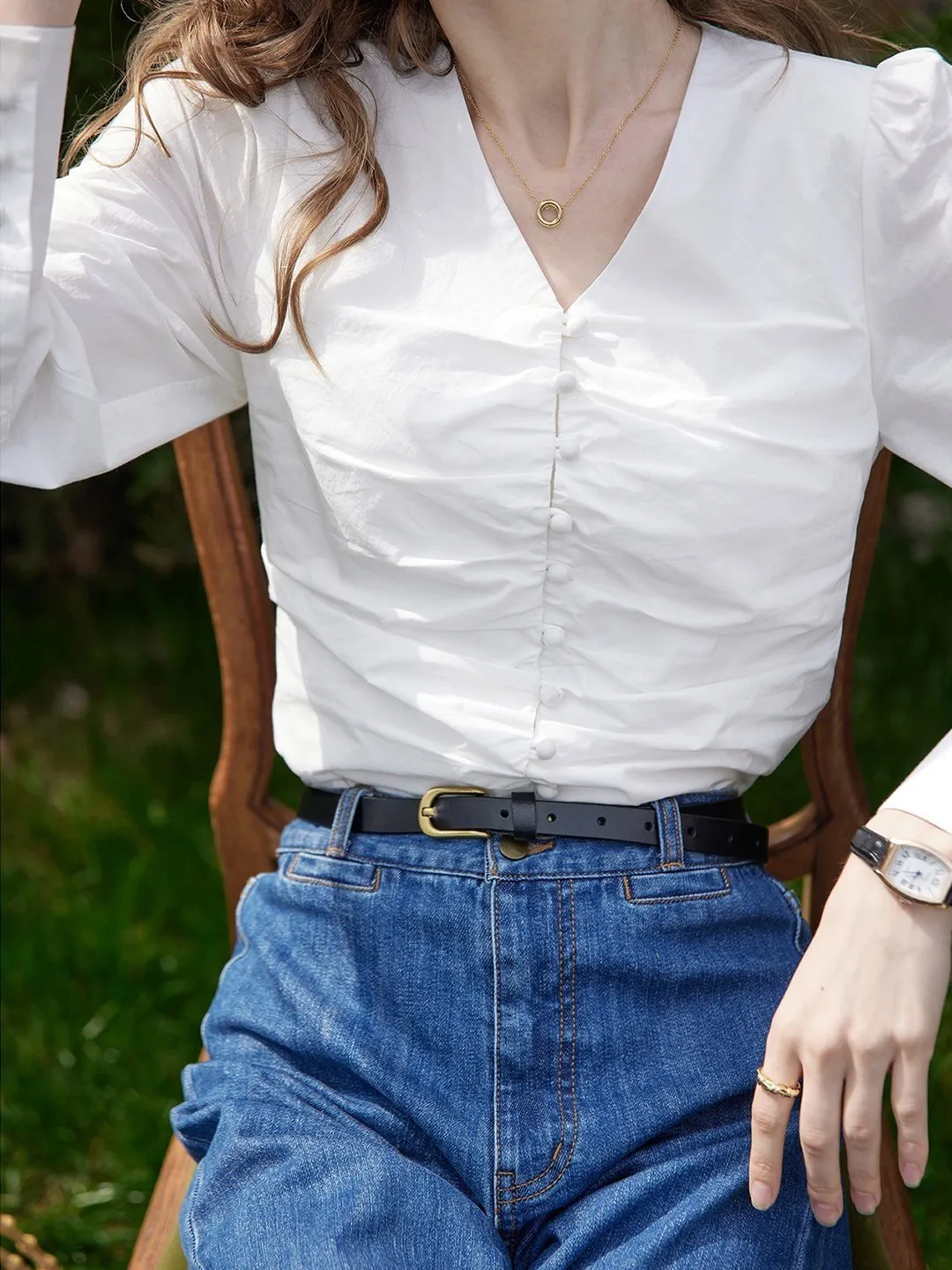 Jasmine Elegant V-Neck Puff sleeve Top-White