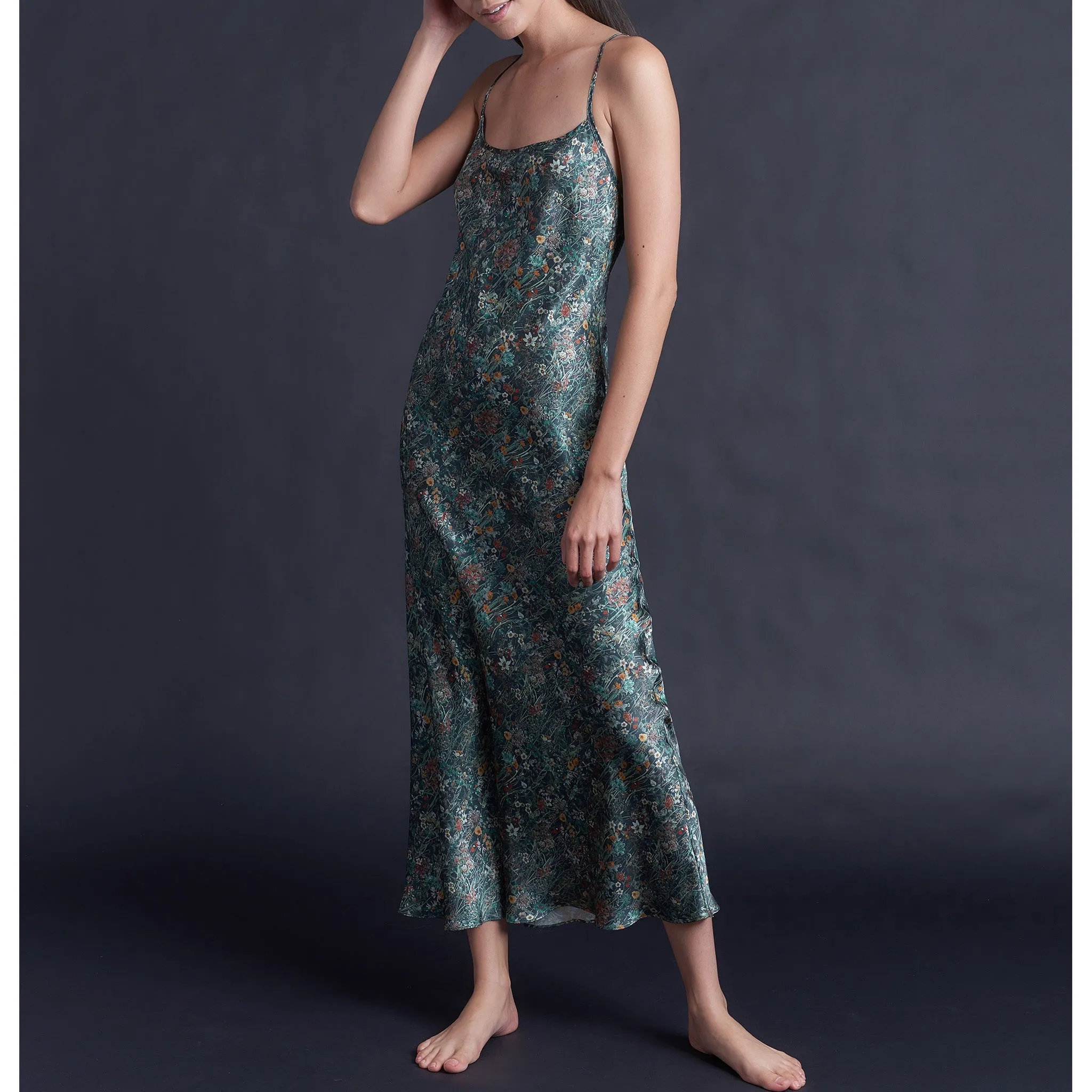 Juno Slip Dress in Emerald Wildflowers Liberty Print Silk Satin