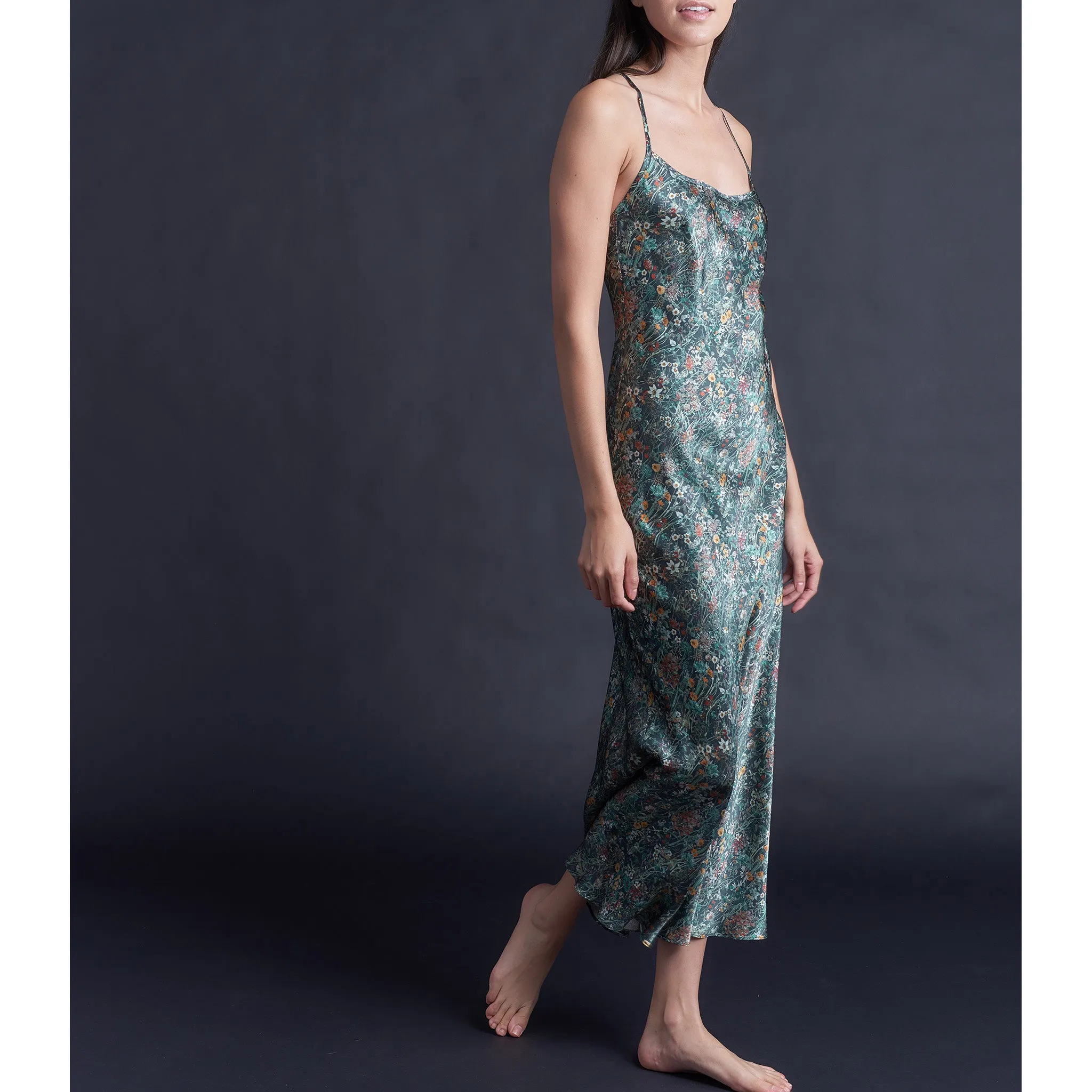 Juno Slip Dress in Emerald Wildflowers Liberty Print Silk Satin