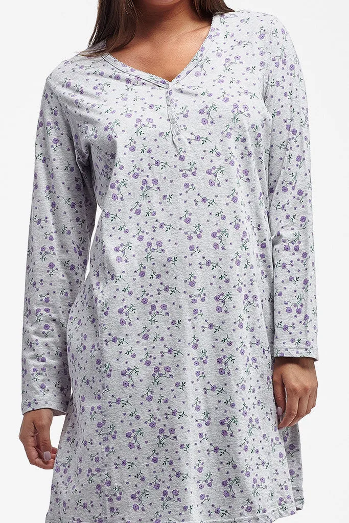 La Cera Knit Floral Print Nightshirt