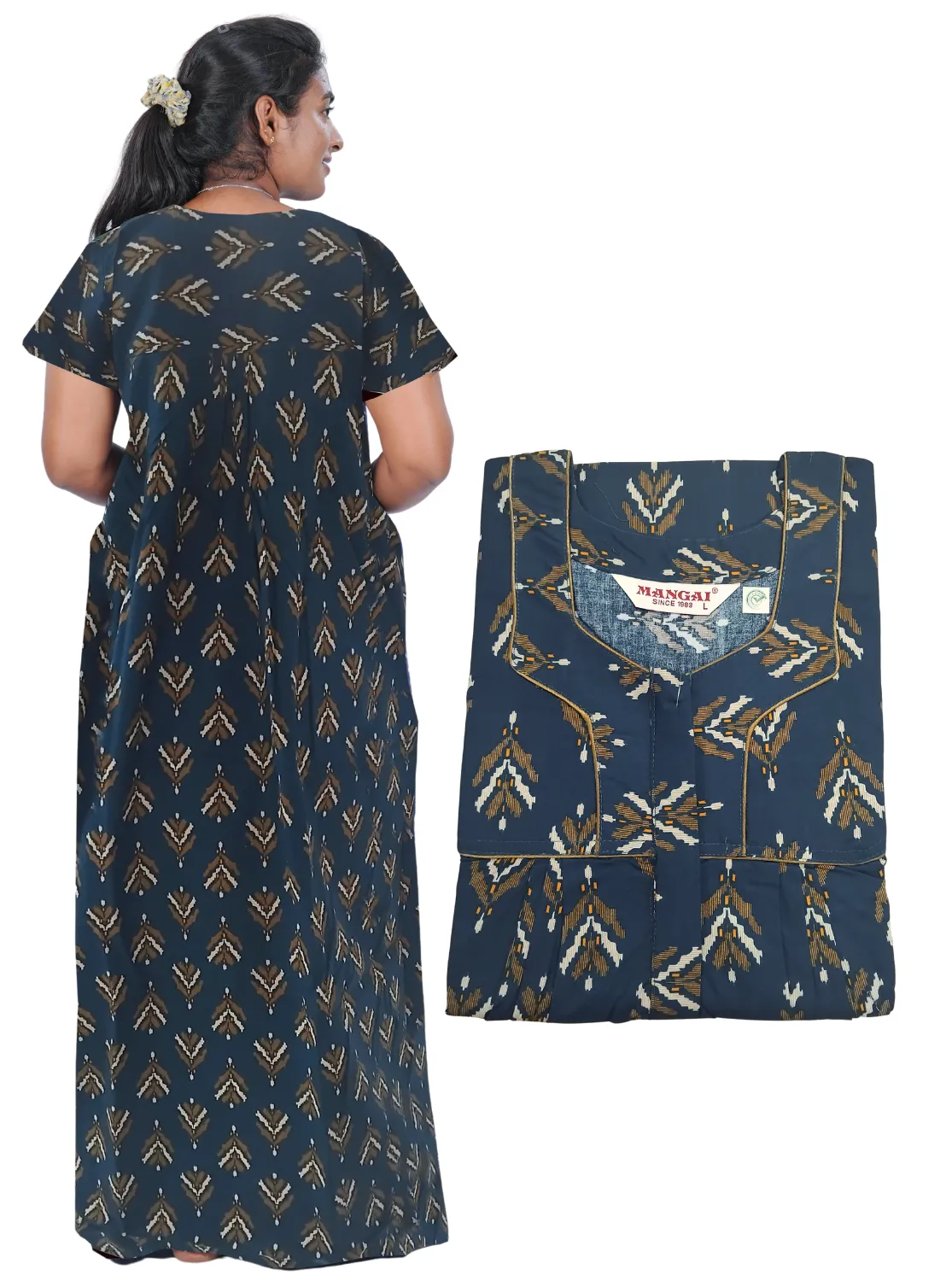 MANGAI New Regular Fit Cotton Printed Pleated Nighties - All Over Printed Stylish Nighties  | Side Cut Pocket | Front Open Zipper Type | Beautiful Nighties for Stylish Women's (PLE)