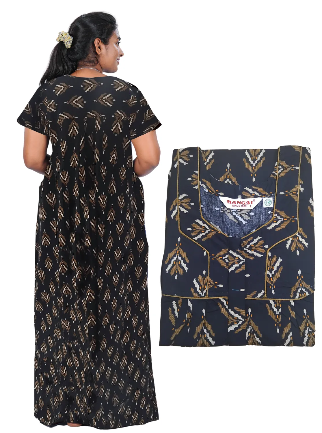 MANGAI New Regular Fit Cotton Printed Pleated Nighties - All Over Printed Stylish Nighties  | Side Cut Pocket | Front Open Zipper Type | Beautiful Nighties for Stylish Women's (PLE)