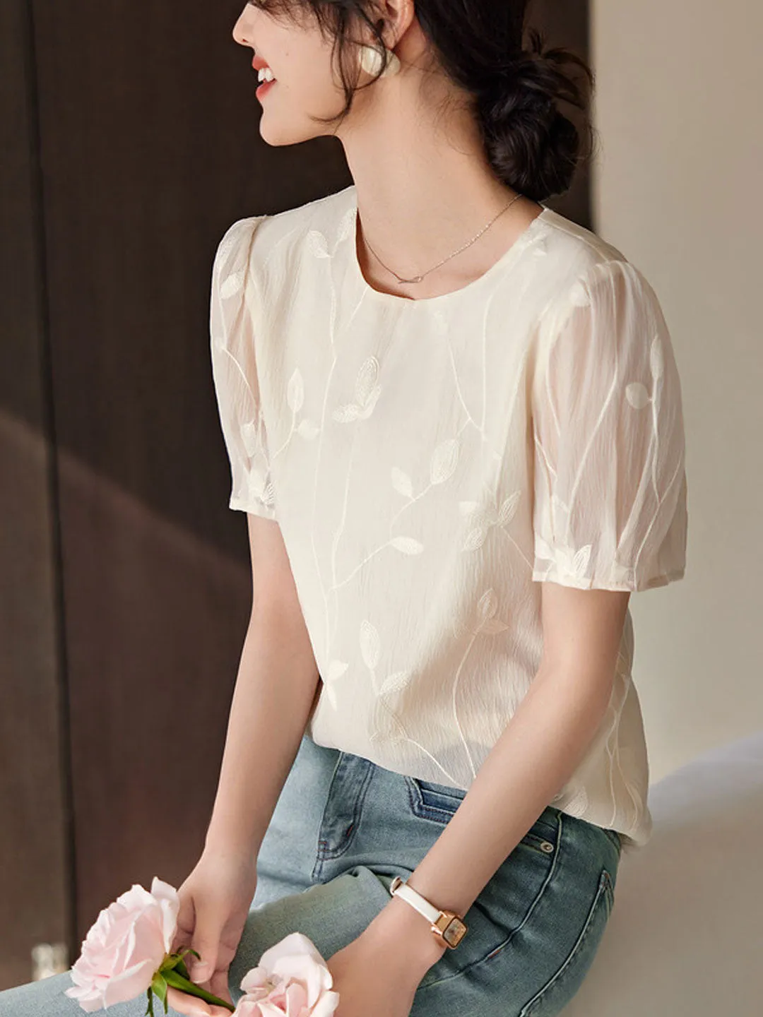 Natalie Elegant Crew Neck Embroidered Ruffled Top