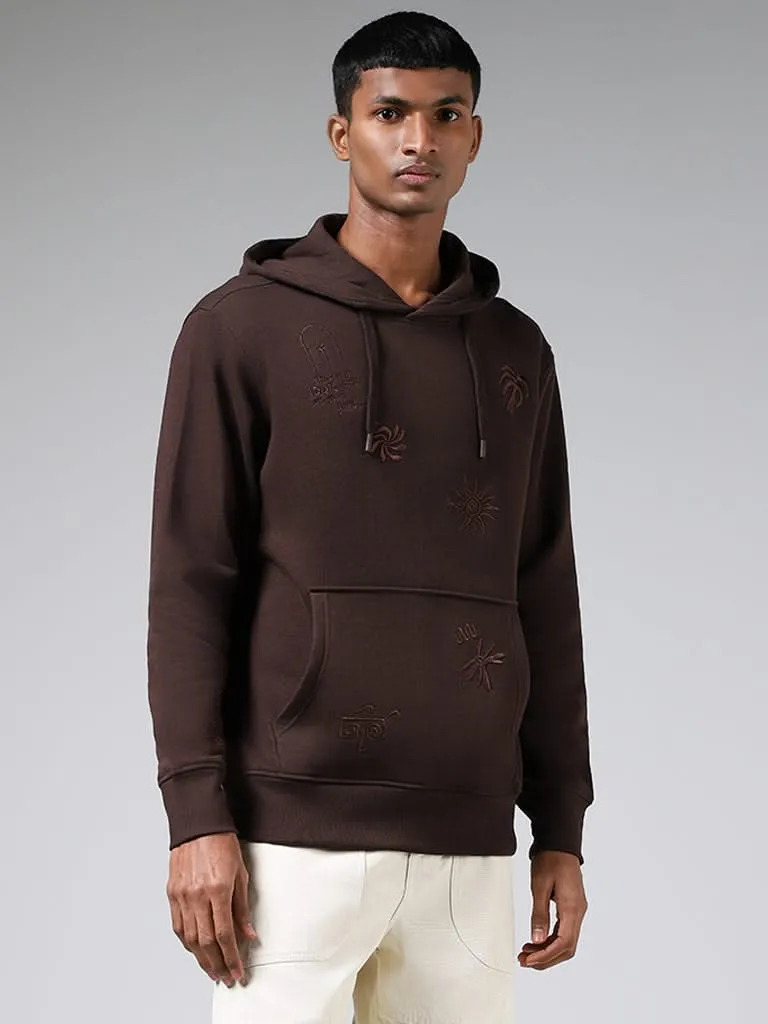 Nuon Dark Brown Embroidered Cotton Blend Relaxed-Fit Hoodie