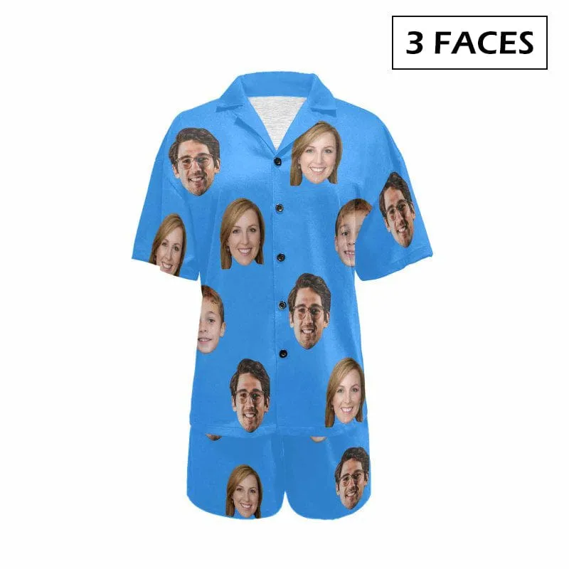 #Plus Size Pajama Set-[Up To 4 Faces] Custom Face Solid Color Loungewear Personalized Photo Sleepwear Women's V-Neck Short Pajama Set