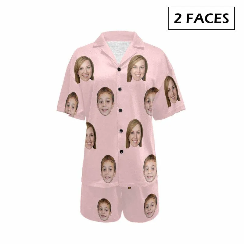 #Plus Size Pajama Set-[Up To 4 Faces] Custom Face Solid Color Loungewear Personalized Photo Sleepwear Women's V-Neck Short Pajama Set